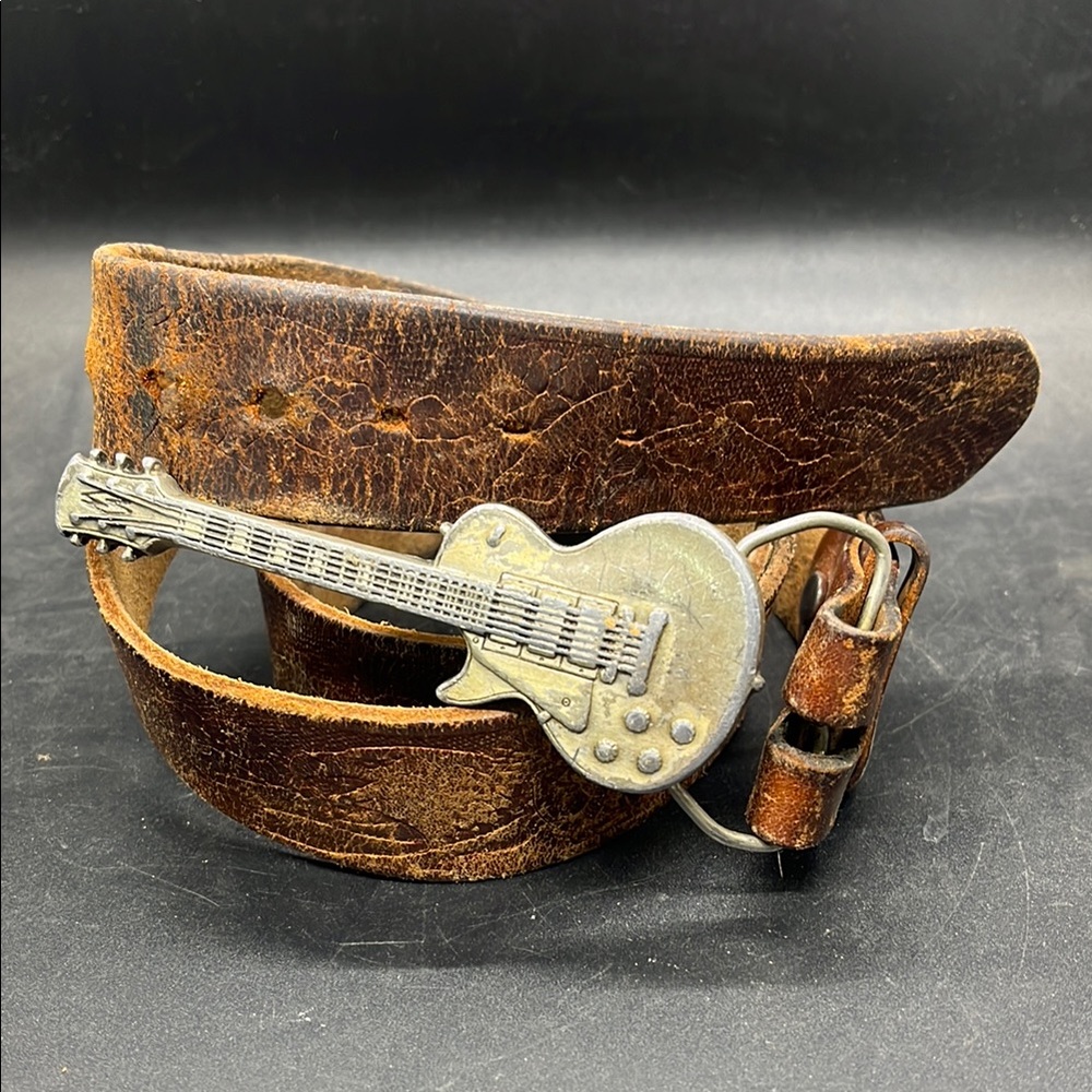 Vintage Brown Leather Men's Belt with Guitar Buckle